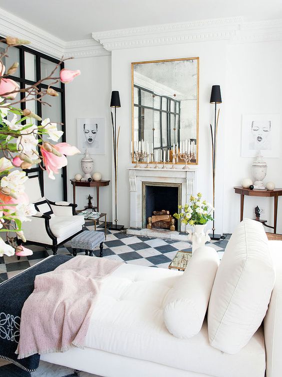 black and white tiles living room 2